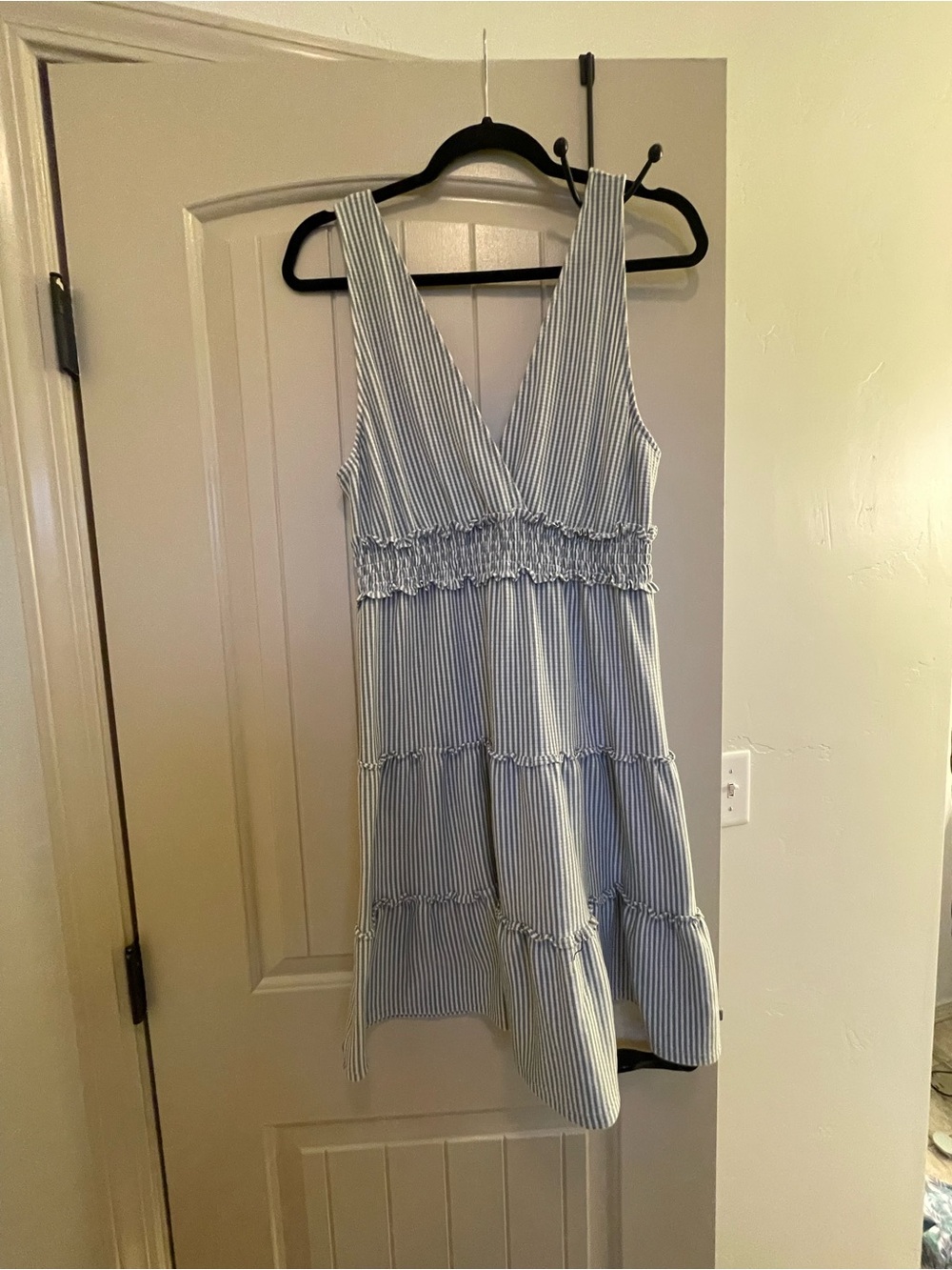 American Eagle Outfitters Light Blue and White Striped V-Neck Dress